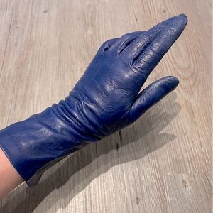 Leather gloves w silk lining, vibrant blue, spring/fall, 4 button/mid-arm length